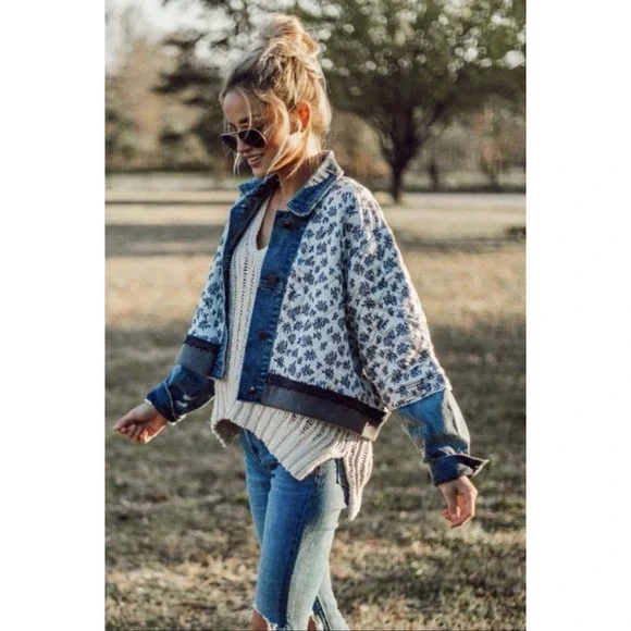 Free People Quilted Ditsy Denim Jacket XS / S Cottagecore Prairie Boho - Picture 2 of 16